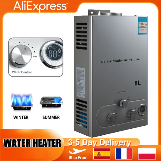 6L/8L Gas Water Heater Digital Stainless Steel Tankless Propane Gas LPG Boiler Heater Kits Home Camping Appliance