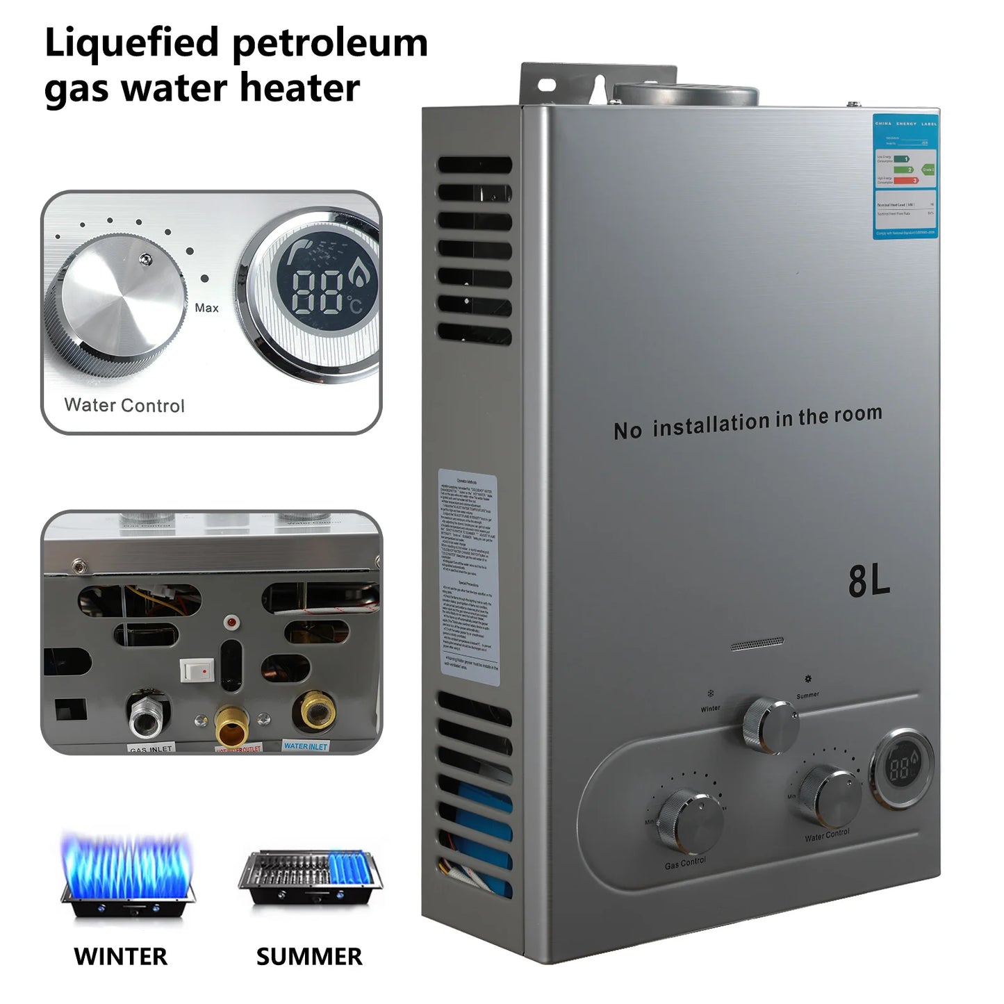 6L/8L Gas Water Heater Digital Stainless Steel Tankless Propane Gas LPG Boiler Heater Kits Home Camping Appliance