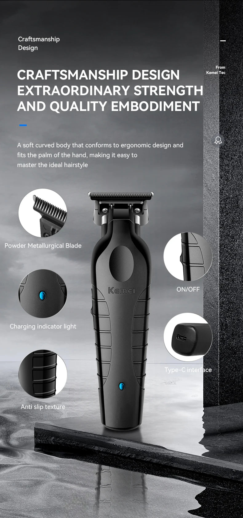 Kemei Men's Cordless Hair Clipper USB Rechargeable Zero Gap Trimmer Electric Hair Clipper Original Blade Accessories KM-2299