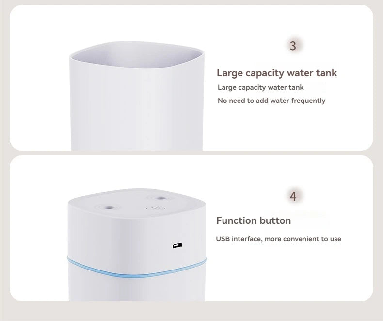 Dual-Nozzle USB Humidifier | 600ml/H Super Mist & Ultra Quiet | Car/Home Moisturizing Device