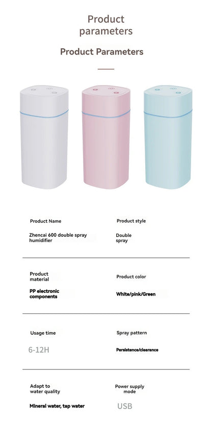Dual-Nozzle USB Humidifier | 600ml/H Super Mist & Ultra Quiet | Car/Home Moisturizing Device