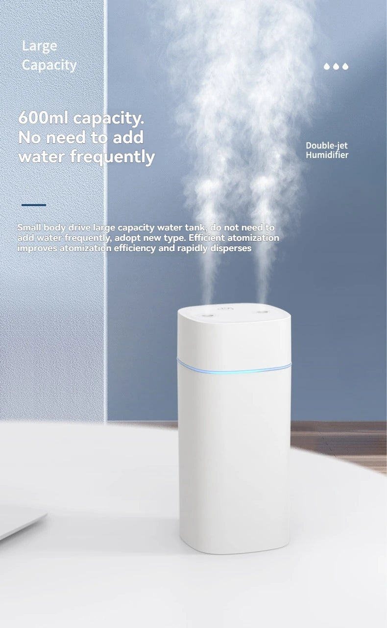 Dual-Nozzle USB Humidifier | 600ml/H Super Mist & Ultra Quiet | Car/Home Moisturizing Device