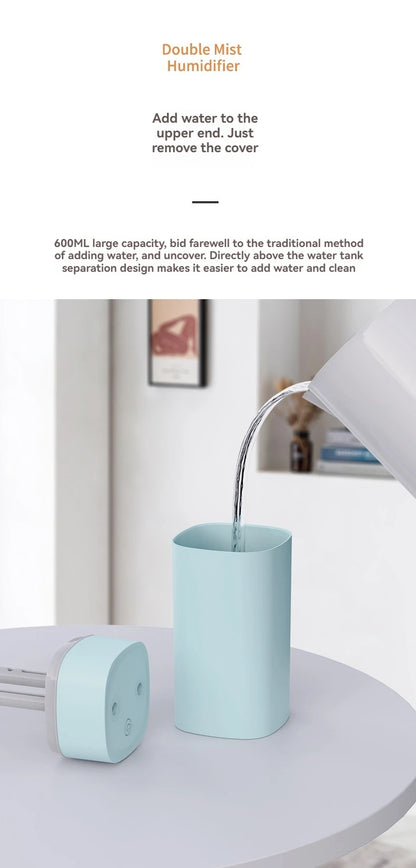 Dual-Nozzle USB Humidifier | 600ml/H Super Mist & Ultra Quiet | Car/Home Moisturizing Device