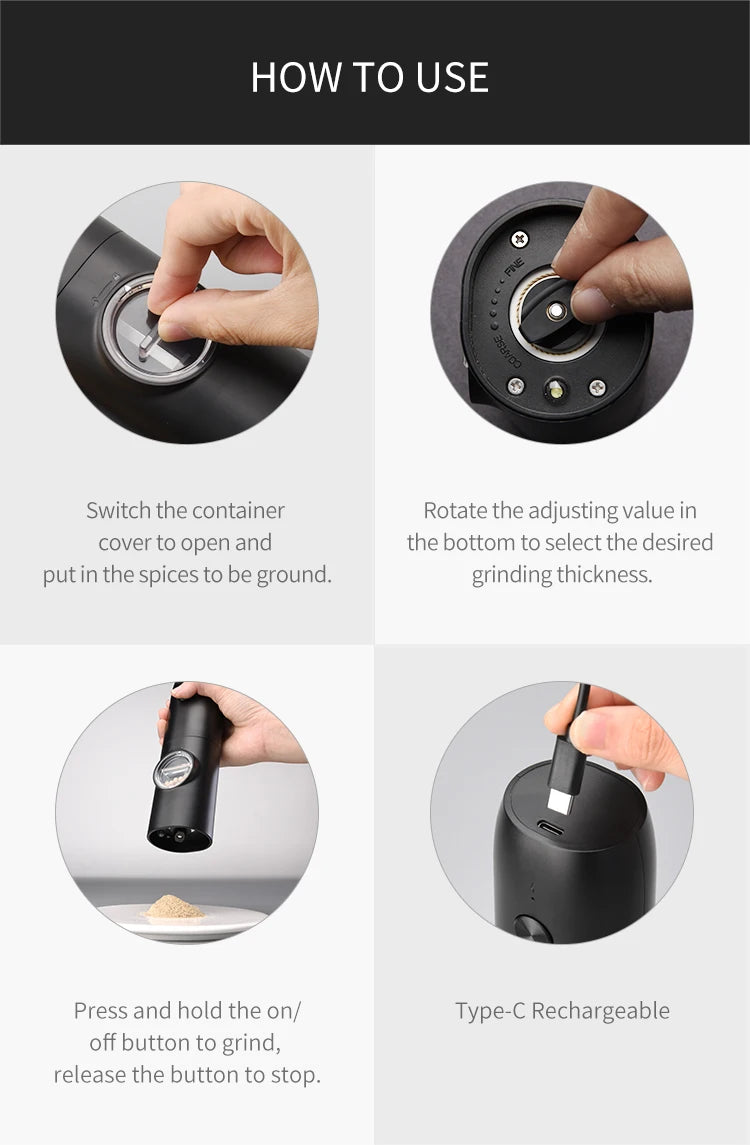 1/2PCS Electric Salt And Pepper Grinder with LED Light Gravity Sensing Adjustable Spice Mills Cordless Automatic Kitchen Gadget
