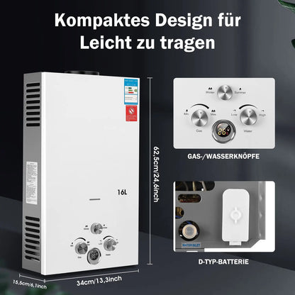 8/16/18L LPG Propane Gas Tankless Water Heater Instant Hot Water Heater Boiler for Outdoor Camping With Shower Head Kit