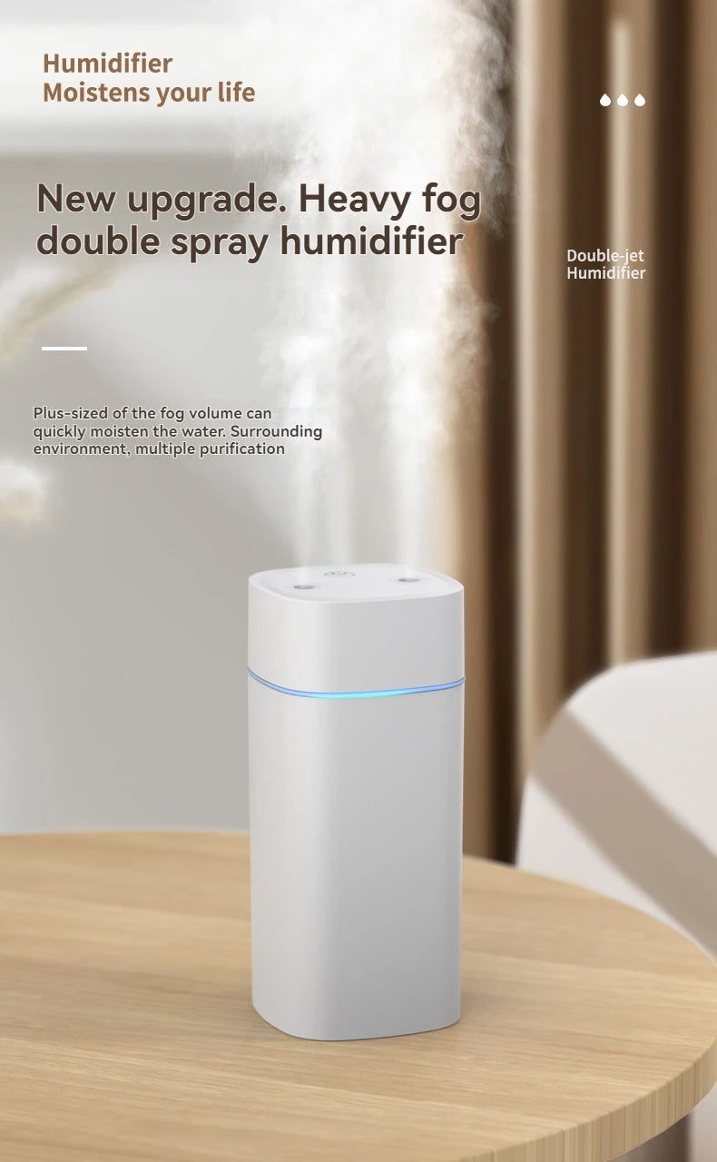 Dual-Nozzle USB Humidifier | 600ml/H Super Mist & Ultra Quiet | Car/Home Moisturizing Device