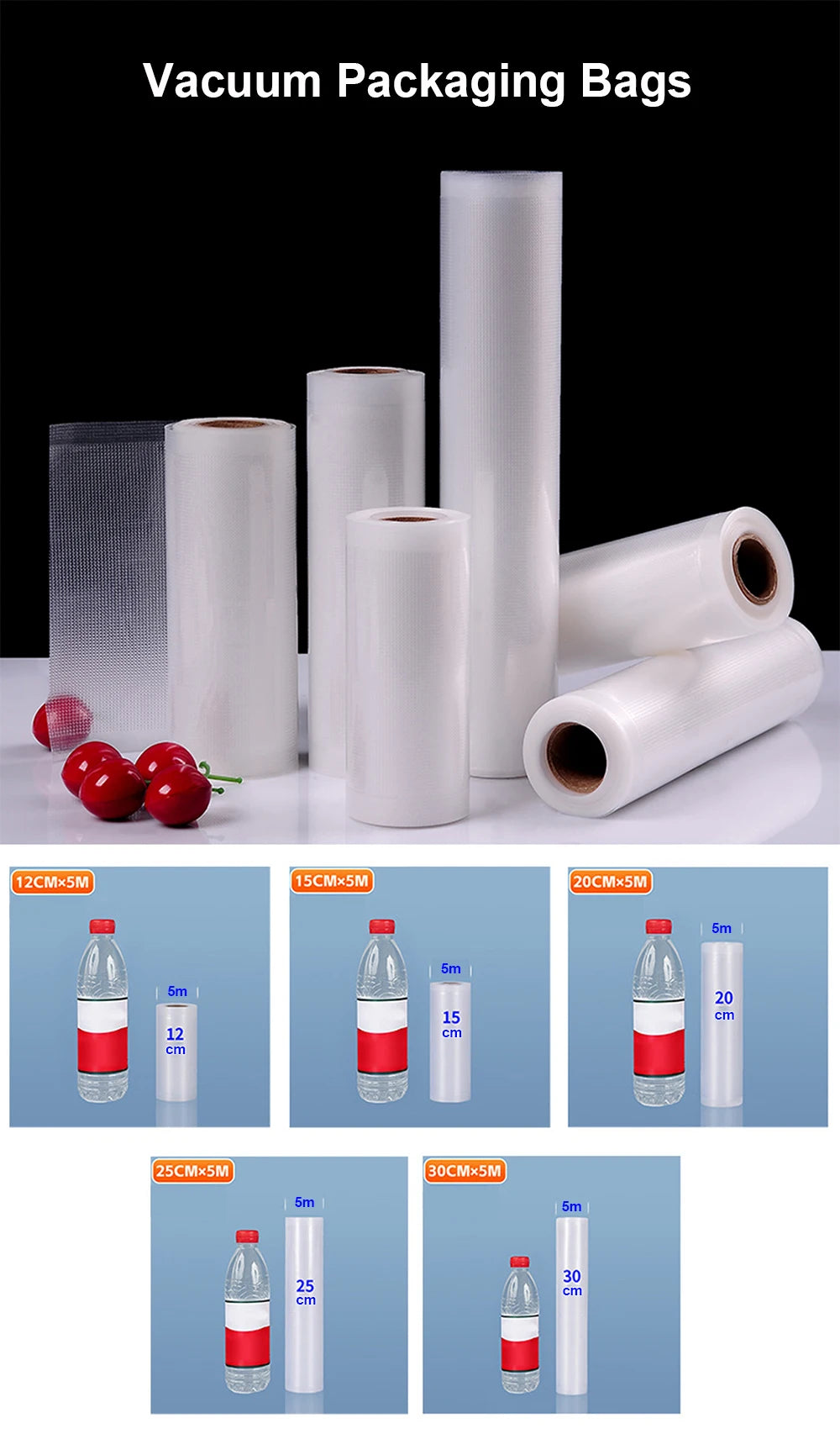 Food Vacuum Storage Packaging Bags for Vacuum Sealer Meat Fruit Vegetable Vacuum Packaging Bags 12/15/20/25/30cm 500cm/roll