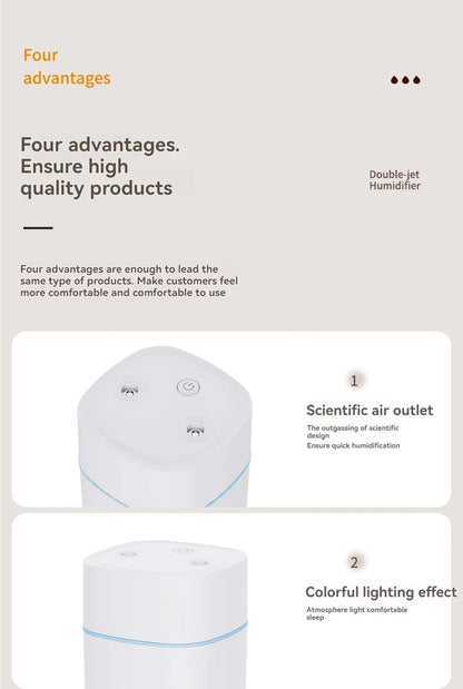 Dual-Nozzle USB Humidifier | 600ml/H Super Mist & Ultra Quiet | Car/Home Moisturizing Device
