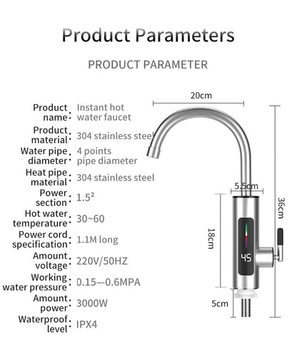 3000W 220V Electric Kitchen Water Heater Tap Instant Hot stainless steel Water Faucet Heater Cold Heating Faucet