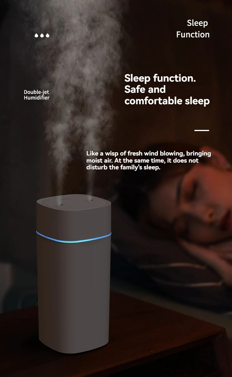 Dual-Nozzle USB Humidifier | 600ml/H Super Mist & Ultra Quiet | Car/Home Moisturizing Device